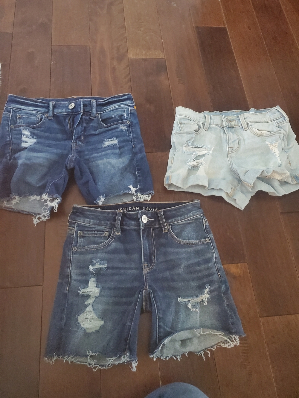 Distressed Denim Shorts Trio - Dark, Medium & Light Wash Size 0 AE And Old Navy